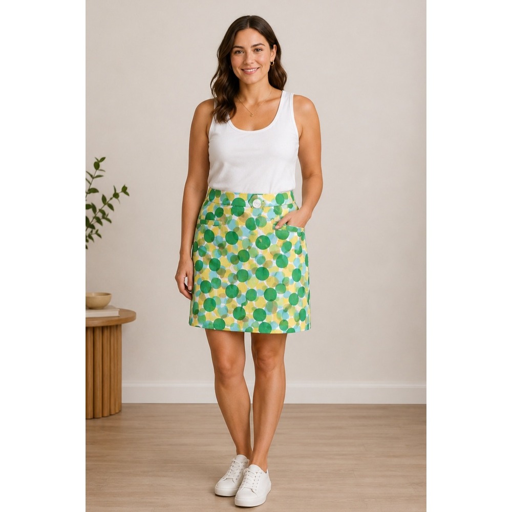 Etcetera Pencil Skirt Womens 12 Green Yellow Blue Polka Dot Cotton Stretch Mini